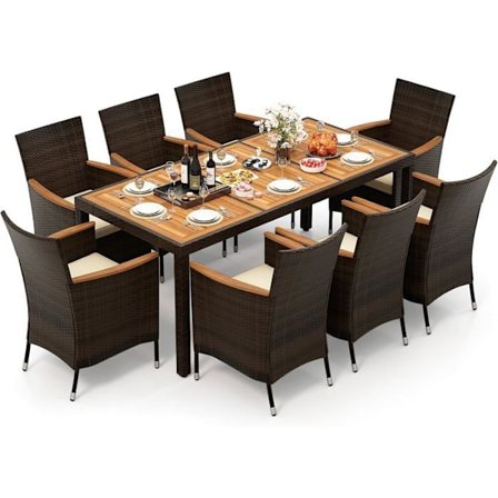 COSTWAY Trädgårdsmöbler i rotting 8-sits, 1 bord och 8 stapelbara stolar i akaciaträ, avtagbara kuddar, svart