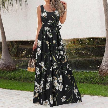 Kvinnor Ärmlösa Maxiklänningar Print Sommar Beach Sundress