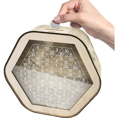 Træ sparebøsse, sparebøsse med tal til afkrydsning, træ sparegris med lommeregner, sparemål 1000€, sparebøsse til børn voksne