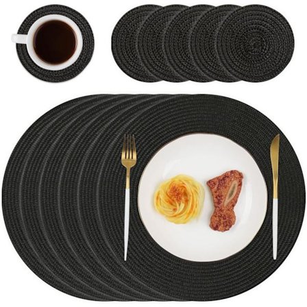 Runde dækkeservietter og coasters sæt med 6 flettede vævede borddækkeservietter til spisebord (sort)