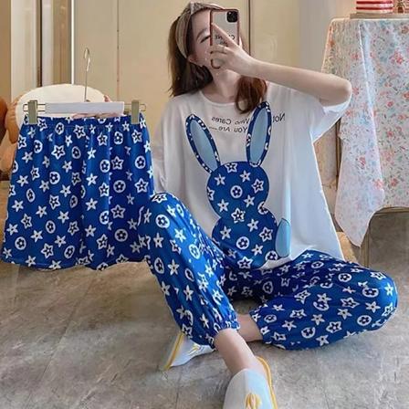 Kvindernes Nye Pyjamas Tre-Stykker Kvinde Sommeren Kortærmede Løs Koreansk Version Af Eleverne Stor Stora Stora Bær Pyjamas I Hjemmet Blue 40-70kg