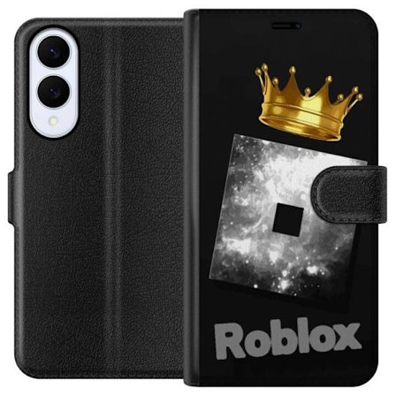 Kompatibelt Plånboksfodral till Samsung Samsung Galaxy S25 Edge Minimalistisk svart och silverfärgad Roblox-symbol med gyllene krona och lyxig gamer