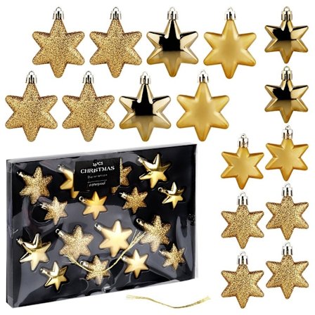 Sprængsikre julekugler stjerner guld 6/5 cm 16 stk.