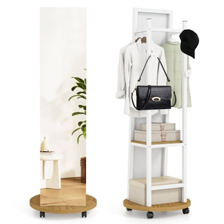 Vapaasti seisova vaatekaapin peili koukuilla ja hyllyillä, valkoinen