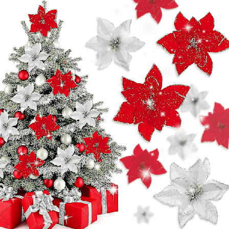40 stk. Kunstige julestjerner med 40 stk. clips og 40 stk. stilke, røde sølvfarvede juleblomster Glitterhaoyi)