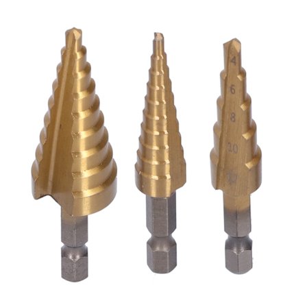 3 stk. titanbelagt trinnbor sett sekskantet skaft rett spor størrelser 3-12 4-12 4-20