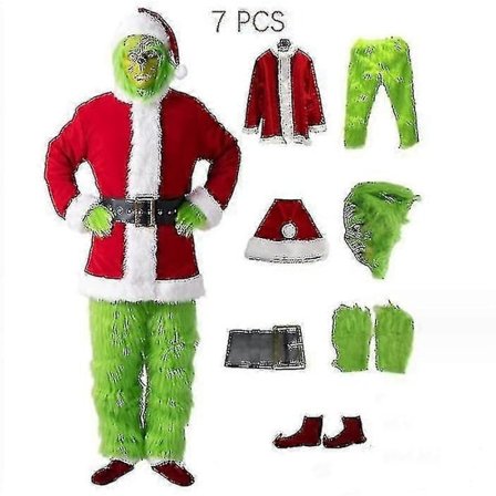 7-delt Grinch-kostyme for julecosplay, voksen Santa-kostymesett + maske