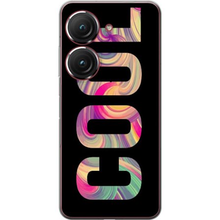 Yhteensopiva Puhelinkuori Asus Asus Zenfone 9 Nykytaiteellinen typografia taiteilu sanaa LOVE nestemäisissä sateenkaariväreissä mustaa taustaa vas