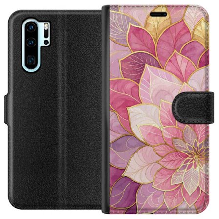Kompatibelt Lommeboketui til Huawei P30 Pro Rosa og lilla blomstermønster med gyldne detaljer - Elegante mandala-inspirerte motiv