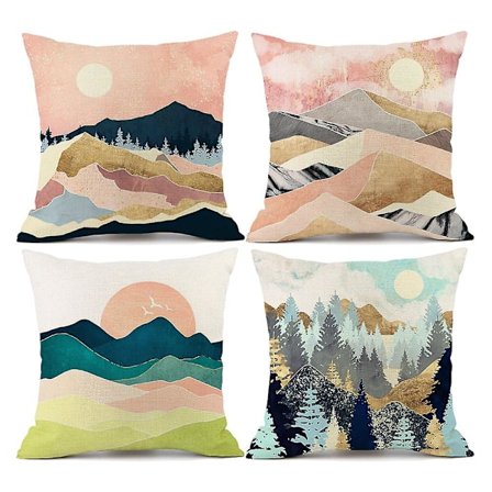 Kasta kudde kudde fodral pack med 4, akvarell målning av naturlandskap, kuddfodral dekoration