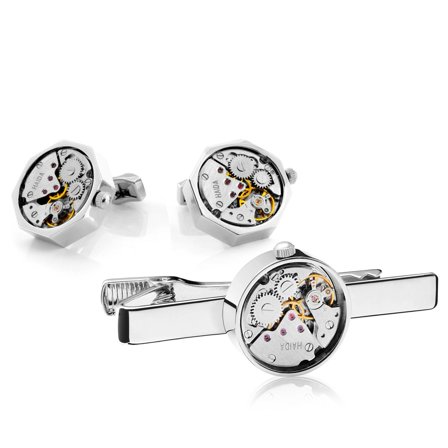 Silver-Tone Mechanical Movement Tie Clip and Cufflinks Set for Men - Tie clips & cufflinks sets