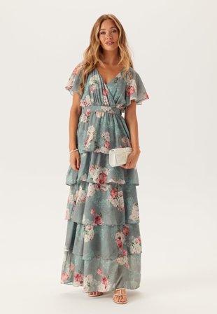 Goddiva Floral Flutter Tiered Maxi Dress Air Force Blue S XS (UK8)