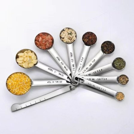 Rustfritt stål måleskje, sett med 10 måleskjeer for