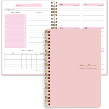 Odaterad veckoplanerare, anteckningsbok för veckomål, A5 att-göra-lista planerare, vane tracker journal med spiralbindning