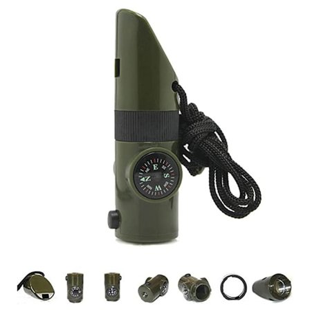 7-i-1 Whistle Army Green Outdoor Adventure Multifunktionell Survival Compass Whistle Partihandel med ljus (2-pack)