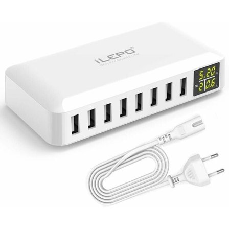 5V8A 8-Port USB-oplader med LCD-skærm, Smart Opladningsstation Flere USB-stik Kompatibel med iPhone XS XR SE, iPad, Samsung Galaxy, Redmi, Og