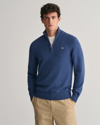 GANT - Bomullsgenser med half-zip til herre dk jeansblue melange