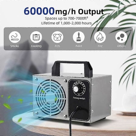 60 000 mg/h Ozongenerator med Timer & Handtag - Rostfritt Stål Kompatibel med Hem, Bil & Husdjur i Europa