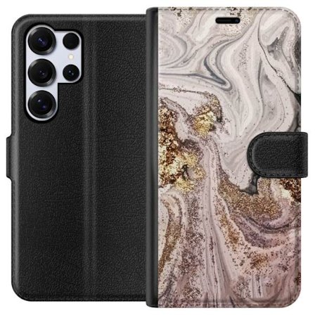 Kompatibelt Lommeboketui til Samsung Galaxy S25 Ultra Beige guldmarmor luksuriøs design med myke linjer og metallisk glans inspirert av elegant interi