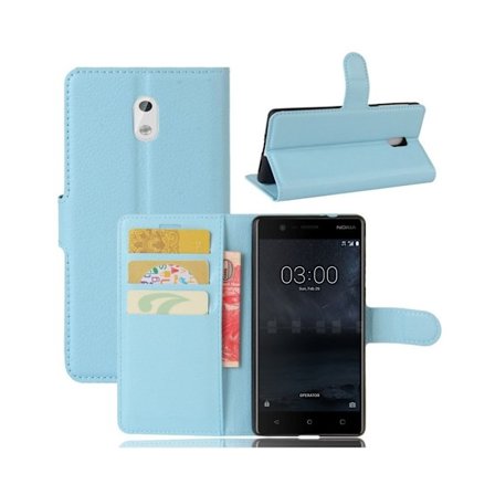 Nokia 3 Læder etui med Lychee skin - Babyblå