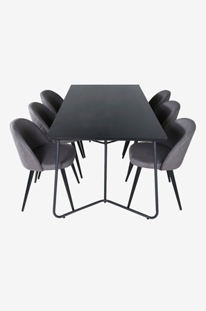 Venture Home - Spisegruppe Petra med 6 spisestoler Velvet Stitches - Svart - Spisegruppe 6 personer - Fra Homeroom