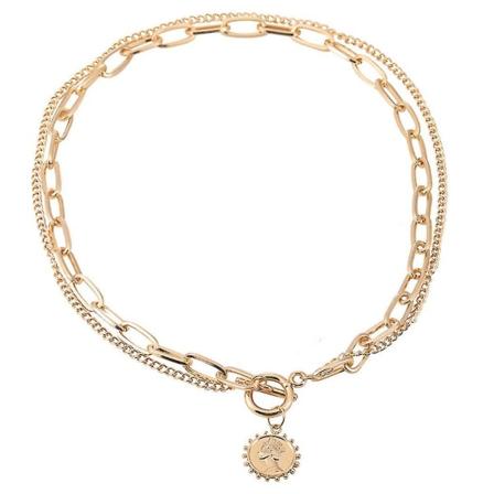 (ett gyllene halsband)ett europeiskt och amerikanskt temperament Enkelt halsband med dubbelt lager, personlighet Skönhet Huvud nyckelben Damhalsband