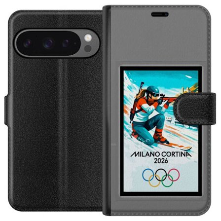 Kompatibelt Lommeboketui til Google Pixel 9 Pro XL Retroplakat Cortina Milano 2026 med fjell, vintersportsutøvere, italienske trikolor, Milano-katedra