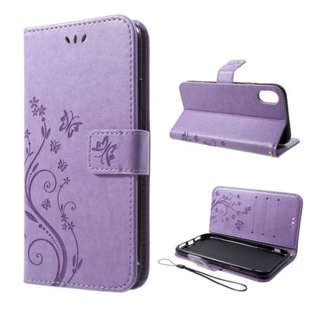 iPhone Xr Perhos Ja Kukka Printtikuviollinen Synteetti Nahkainen Lompakko Kotelo - Vaalean Violetti Purple