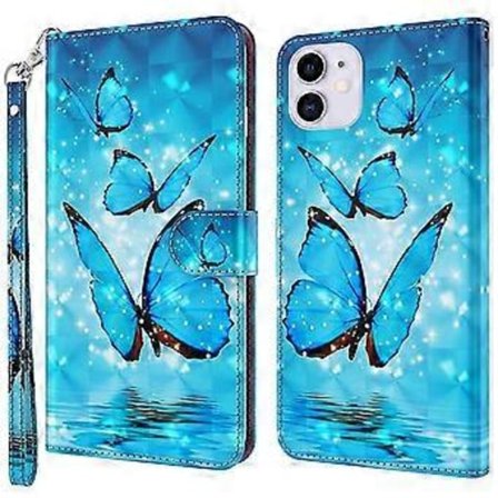 Kompatibel med iPhone 14 6,1 tommer støtsikker PU-lær telefonveske stativ 3D-mønster trykt magnetisk lukking lommebok full beskyttelse (blå)