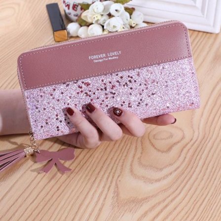 Dame Glitter Lommebok Lang Glidelås Veske MØRK ROSA