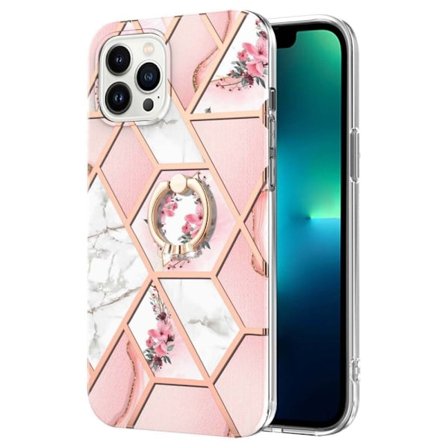 Marble Patterned Suojakuori With Ring Holder For iPhone 14 Pro - Pink Flowers