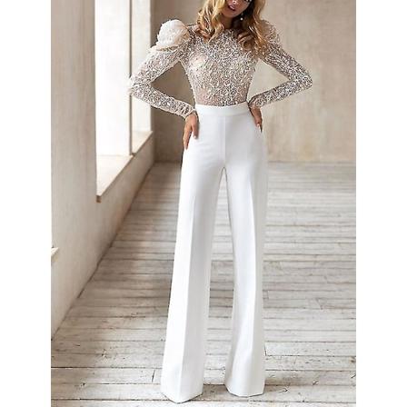 Elegant Ryggløs Perlebesatt Ensfarget Dame Jumpsuit S Hvit