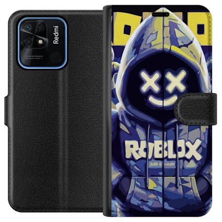 Kompatibelt Lommeboketui til Xiaomi Xiaomi Redmi 10C Blågul Roblox hettegenserfigur med minimalistisk neonstil og masket ansikt, moderne spillillustr