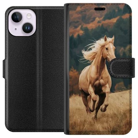 Kompatibel Tegnebogsetui til Apple iPhone 14 Imponerende hest der galopperer gennem efterårsmiljøet med varme farver og en dyb følelse af naturen, kra