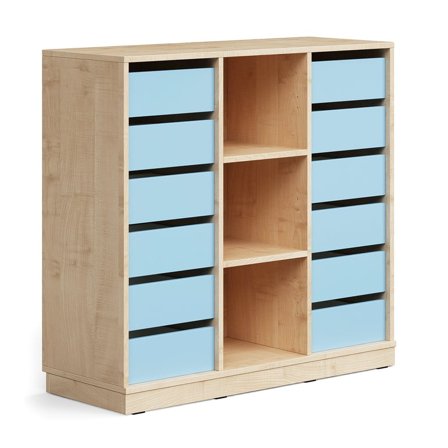Student storage CASPER, 12 drawers, 3 compartments, base frame, birch/sky blue