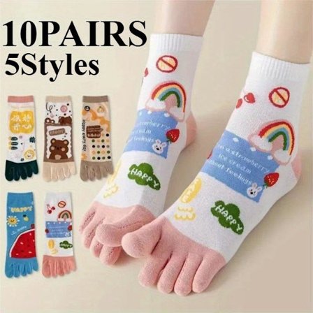 10 par søte 5-fingerstrømper tegneserie dametåstrømper med separate fingre Mellomrør Femfingerstrømper Sport Yoga Vår Sommer 10PAR