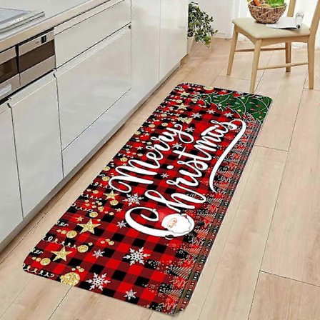 Jouluaiheinen keittiön ja kylpyhuoneen lattiamatto poroilla ja joulukuusella - Paksuuntettu, kristallisametti, liukueste ja helppo puhdistaa