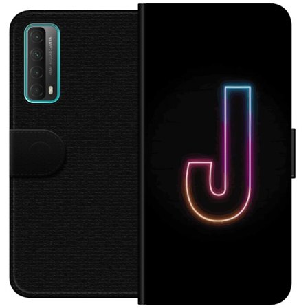 Yhteensopiva Lompakkokotelo Huawei Huawei P smart 2021 Minimaalinen neonkirjain J värien vaihtuessa valossa mustaa taustaa vasten