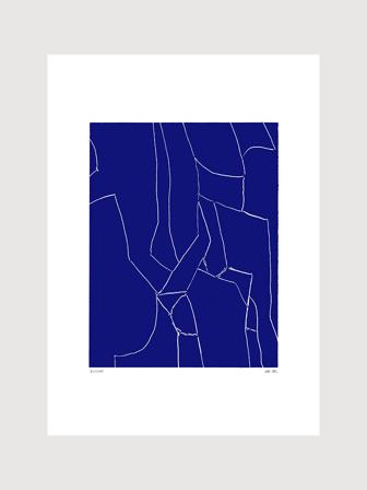 Poster med abstrakt linjemönster i vitt på blå bakgrund | Kunstary.com, 30x40 cm