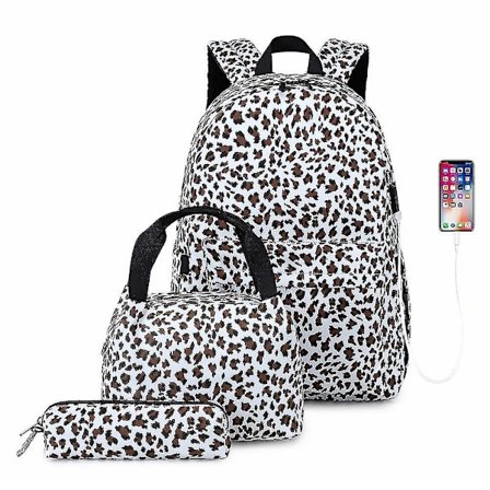 Tredelad ryggsäck canvas tryck ryggsäck kvinnlig mellanstadieelev skolväska (Svart)