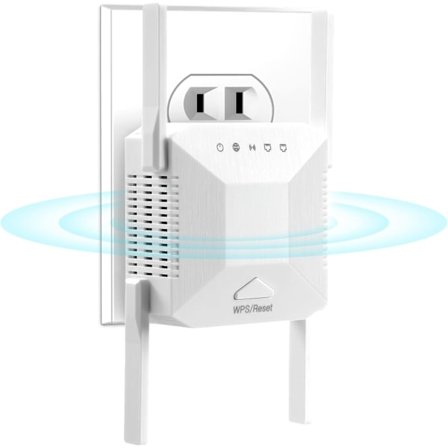 WiFi-forstærker med dobbelt bånd, 4 eksterne antenner, Ethernet-port, kompatibel med AP-tilstand, Plug and Play