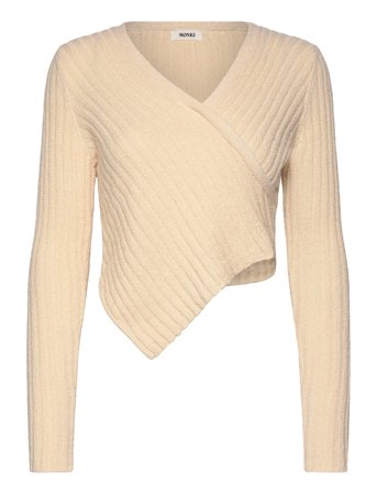 Monki Knitted Wrap-Shaped Asymmetric V-Neck Sweater - Beige - XL