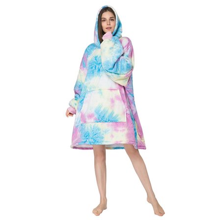 Mub- Fyldig genser med hette teppe for å holde varmen hjemmeklær batikfarget flanell lat kostyme hettegenser teppe