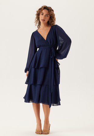 Goddiva - Long Sleeve Tiered Midi Dress - Navy - Kläder - - Bubbleroom