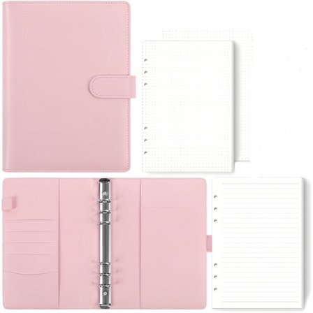 A5 PU lædermappe - Genopfyldelig 6-ringsmappe - Budgetvenlig mappe - A5 notesbogmappe - med indvendigt papir -