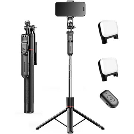Tripod Telefon Tripod Smartphone Tripod Telefon med Lampe, 67 Tommer Foldbar Teleskopisk Bluetooth Selfie Stick Tripod/Monopod, med Dobbelt LED Lys