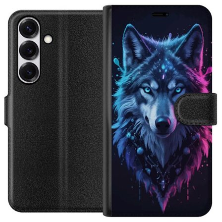 Kompatibelt Lommeboketui til Samsung Galaxy S25 Mystisk Ulveportrett i Neonblått og Lilla Glød