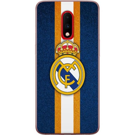 Kompatibel Mobilcover til OnePlus 7 Real Madrid klublogo med kongelig krone mod blå baggrund med gule og hvide striber