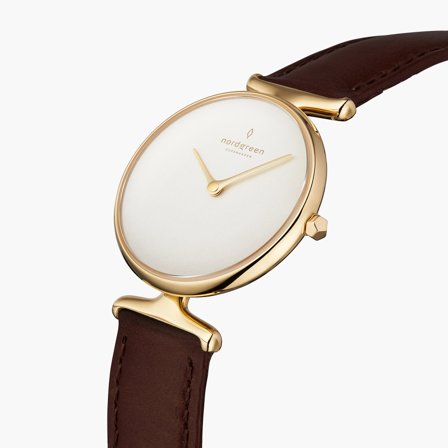 Nordgreen Women's Small Face Classic Dress Watch - Gold Case - White Dial - 32mm Dark Brown Leather Strap White Dial Unika