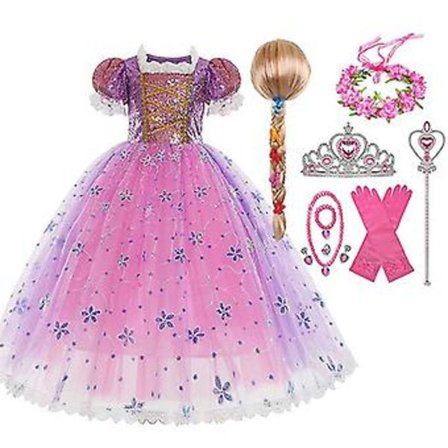 Jentefestkjole Rapunzel-kjole Cosplay-kostymer Halloween Tangled-kjole Skjørt Halskjede Øredobb Krone Tryllestav (110cm Kjole Kit)